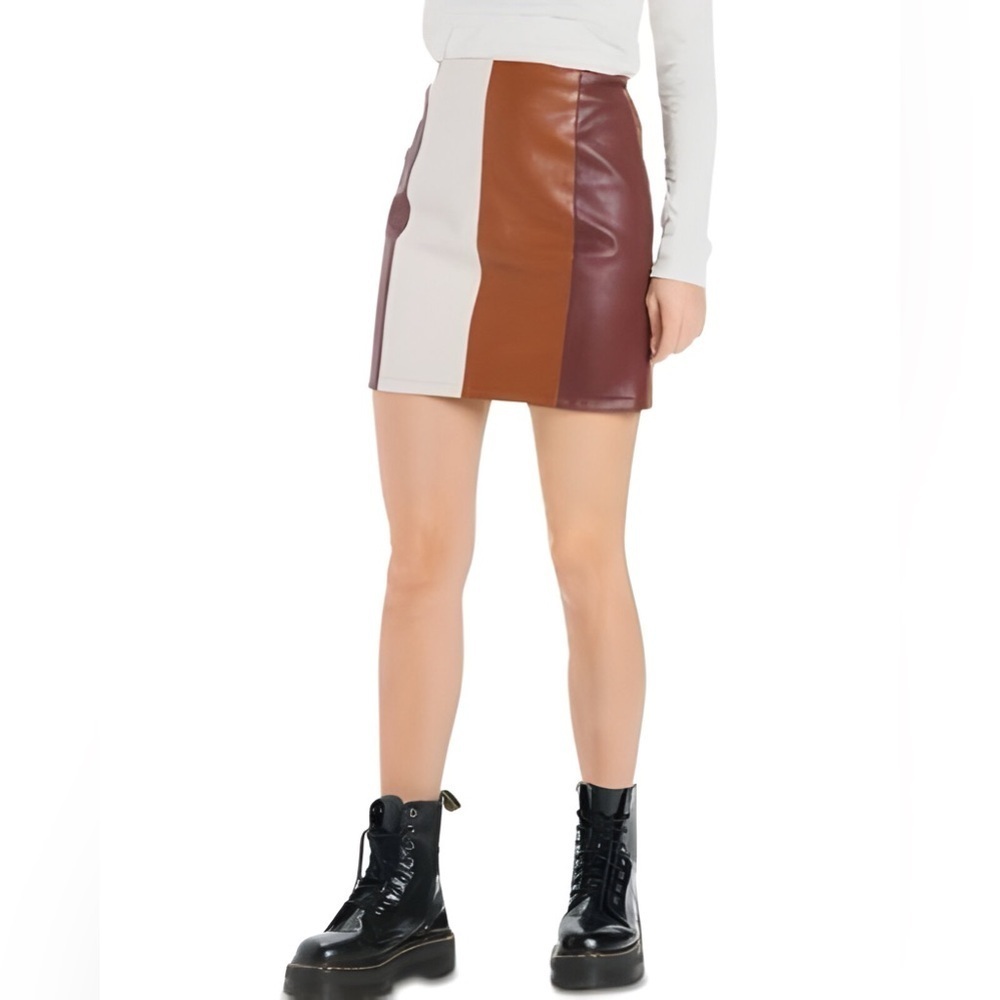 EN SAISON Striped Miniskirt Stitched Vegan Leather Colorblock | Size L - Picture 5 of 16